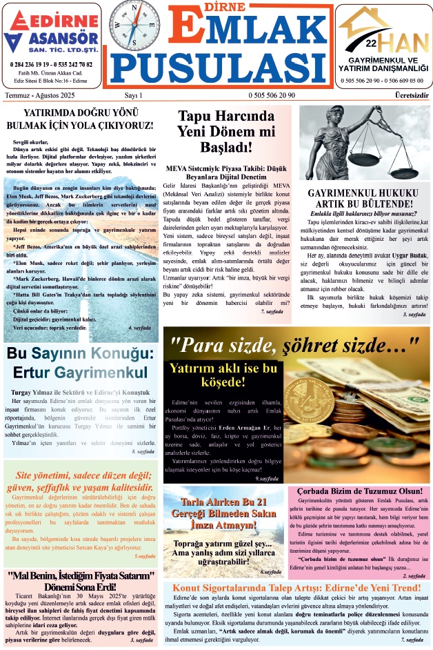 Emlak Pusulası Gazetesi Sayı 1 – Edirne Emlak, Ticaret ve Yaşam Rehberi